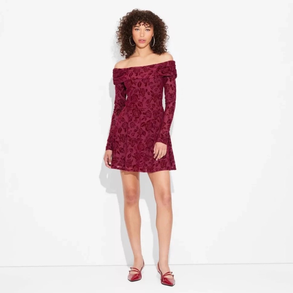 Women's Long Sleeve Flocked Mini Fit and Flare Dress